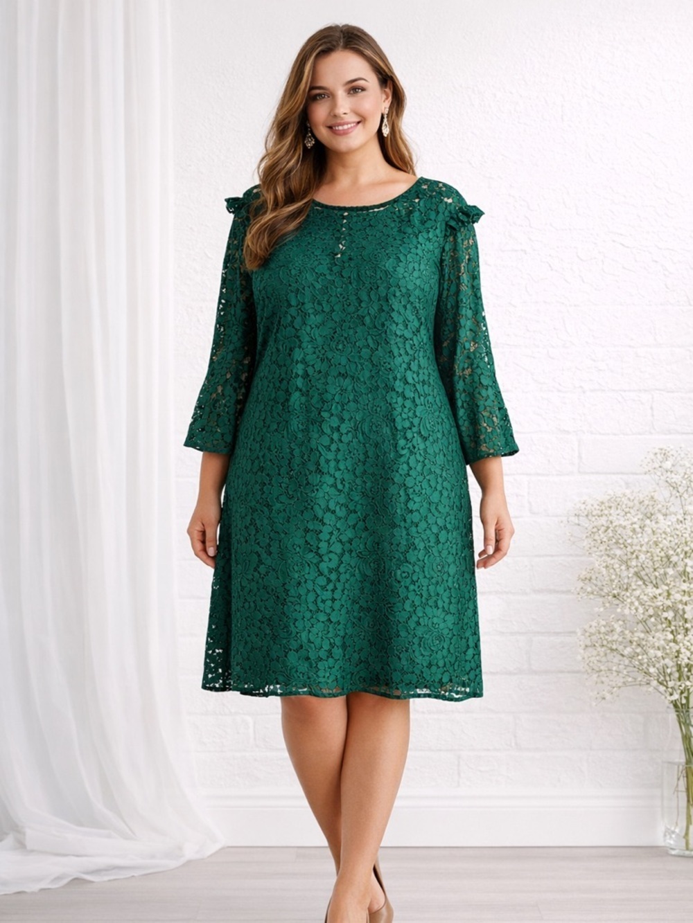 Ann Taylor Green Lace Bell Sleeve Shift Dress Size 18
